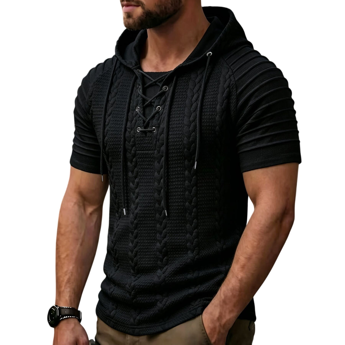 Men's Textured Hooded Short-Sleeve Shirt