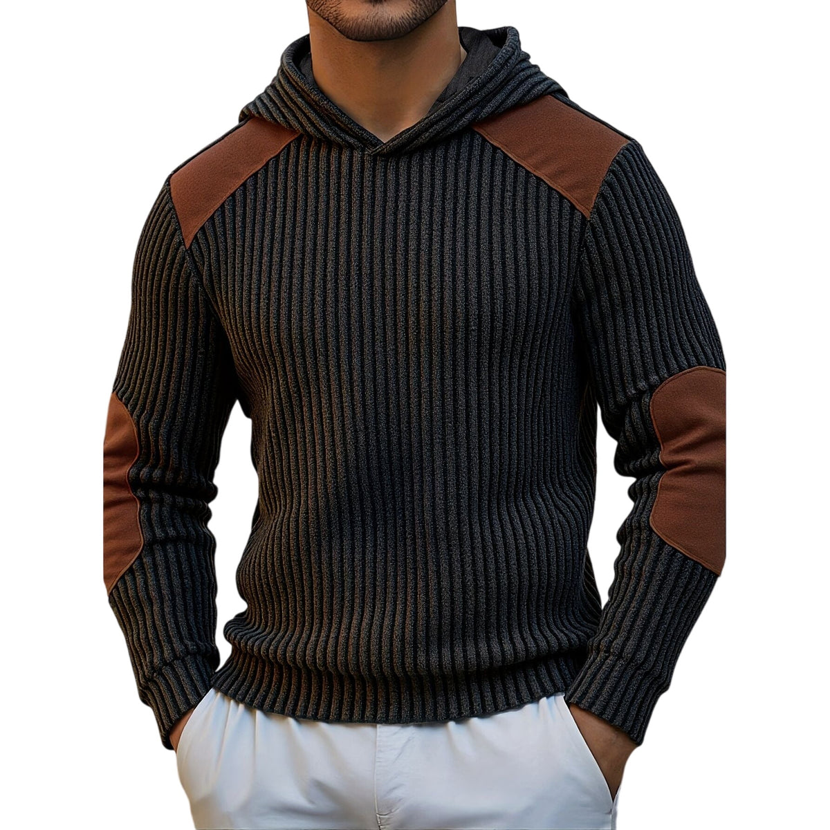 Ribbed Contrast-Detail Hooded Sweater