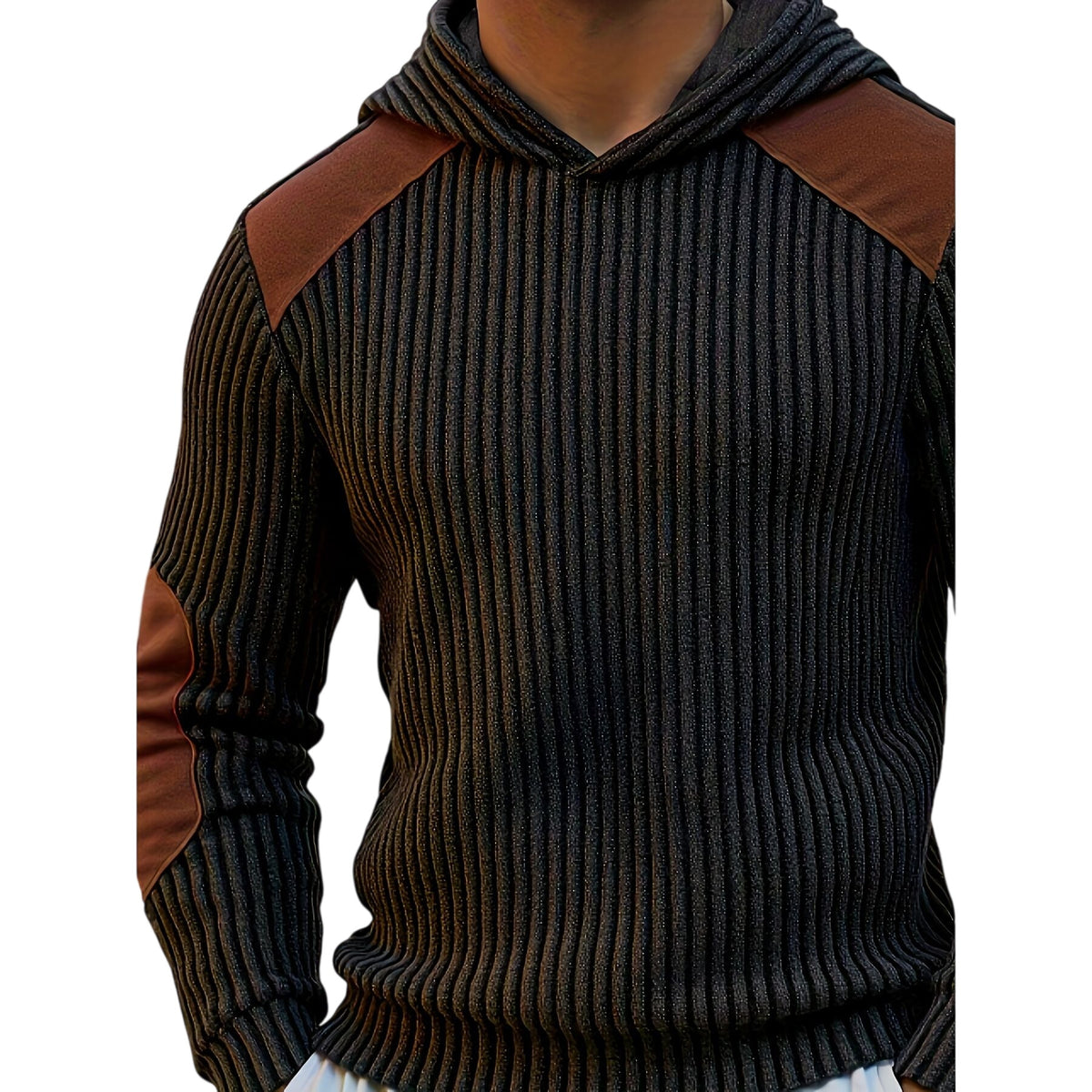 Ribbed Contrast-Detail Hooded Sweater